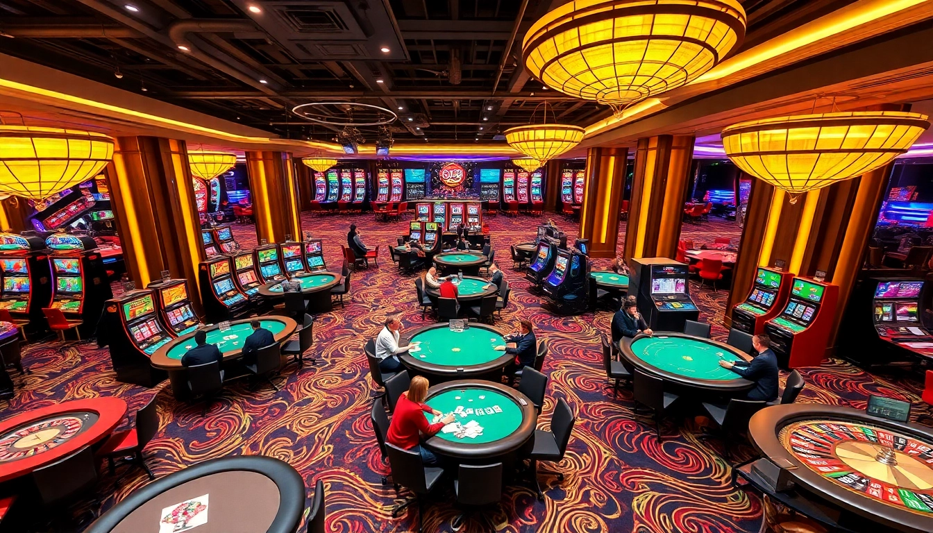 Exciting casino atmosphere with players enjoying 99win gaming experiences, featuring tables and slots.