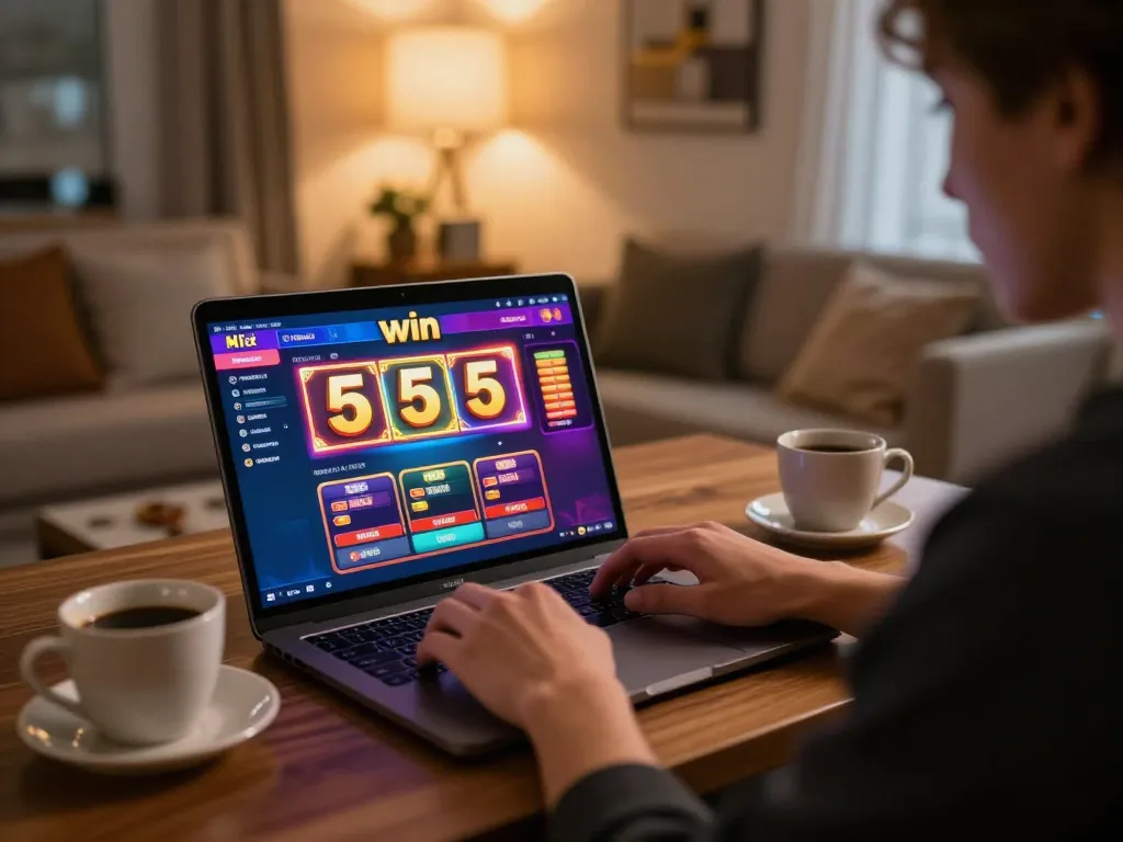 Engaged player using laptop for 555win online casino gaming experience at home