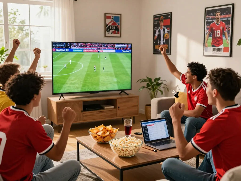 Friends enjoying a live soccer match together on Socolive TV, displaying excitement and camaraderie.