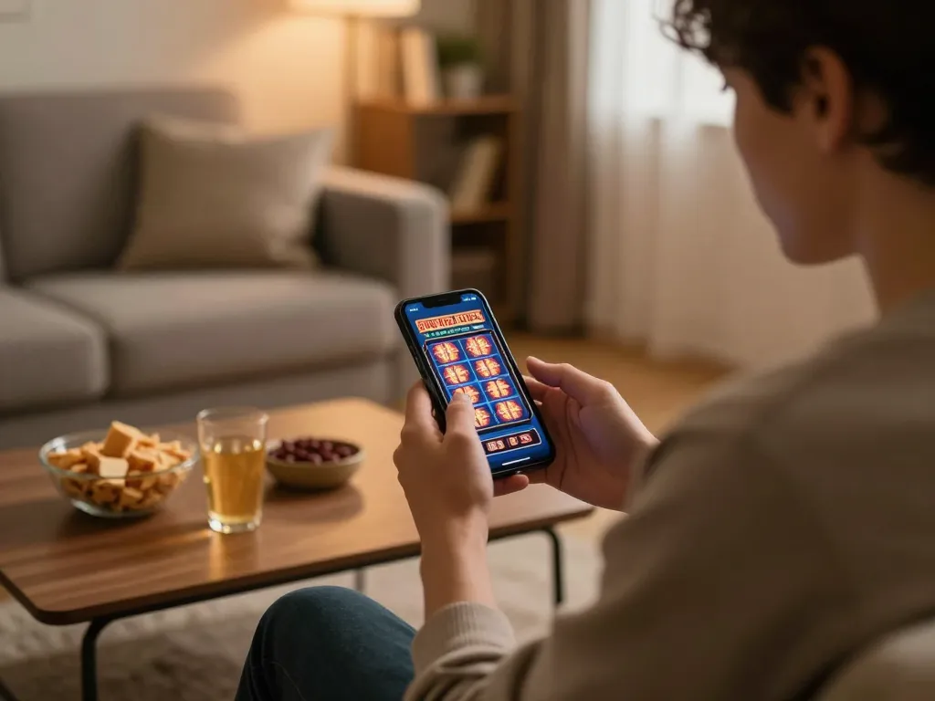 Pemain terlibat menikmati permainan slot 100 cuci di telefon pintar dalam suasana rumah yang selesa.