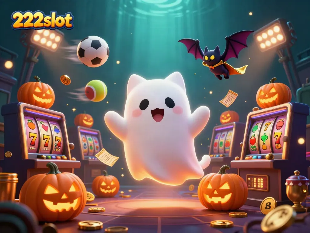 Permainan slot 222slot dengan karakter lucu, kucing hantu dan kelelawar di dalam kasino, dikelilingi simbol beruntung.