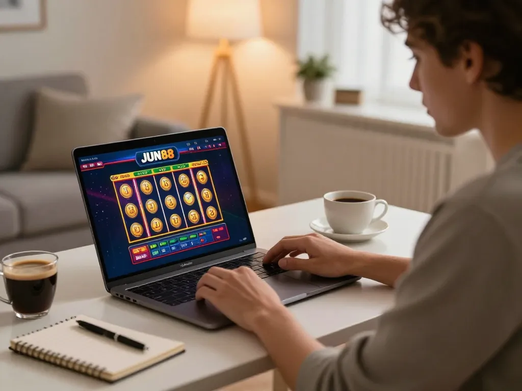 Engaging player enjoying JUN88 slot games in a cozy home setup with warm lighting.