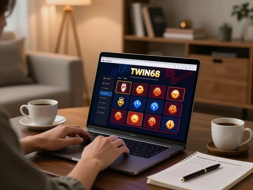 TWIN68 gaming experience on a laptop at home, showcasing an engaging online casino interface.