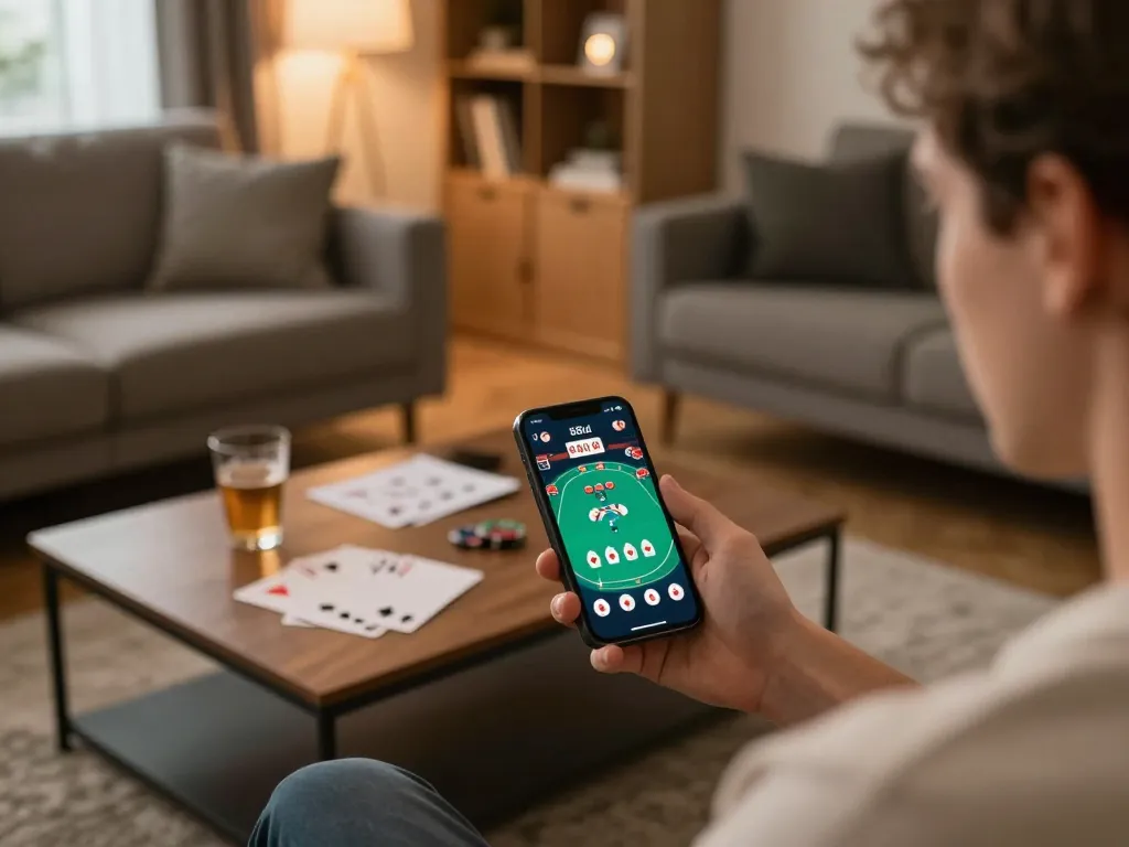Pemain berinteraksi dengan aplikasi mobile 88id dalam pengaturan rumah yang nyaman sambil melacak strategi poker.