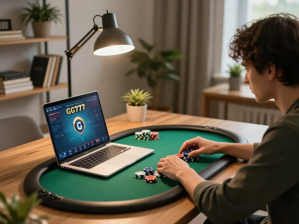 Person engaging with GG777 poker game on laptop in a cozy home office setting.