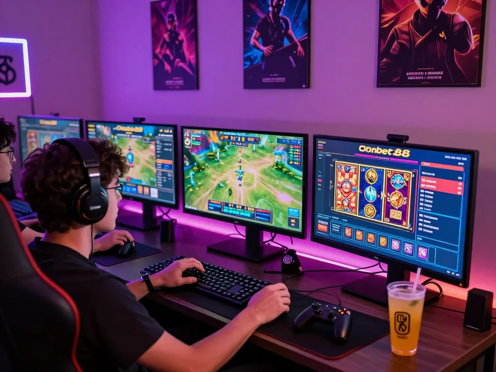 Engaged gamer betting on Onbet88 with multi-screen setup in modern gaming room.