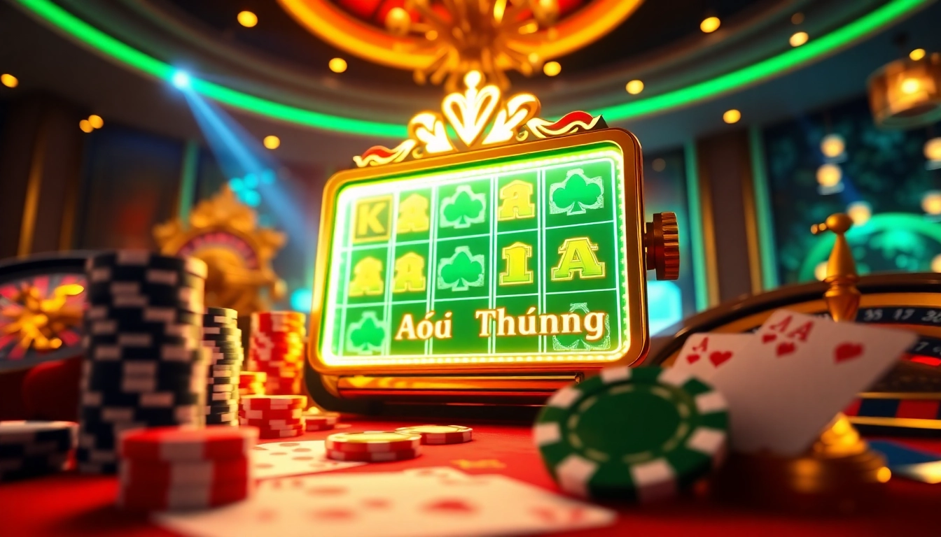Nổ Hũ Đổi Thưởng slot machine spinning among colorful casino elements.