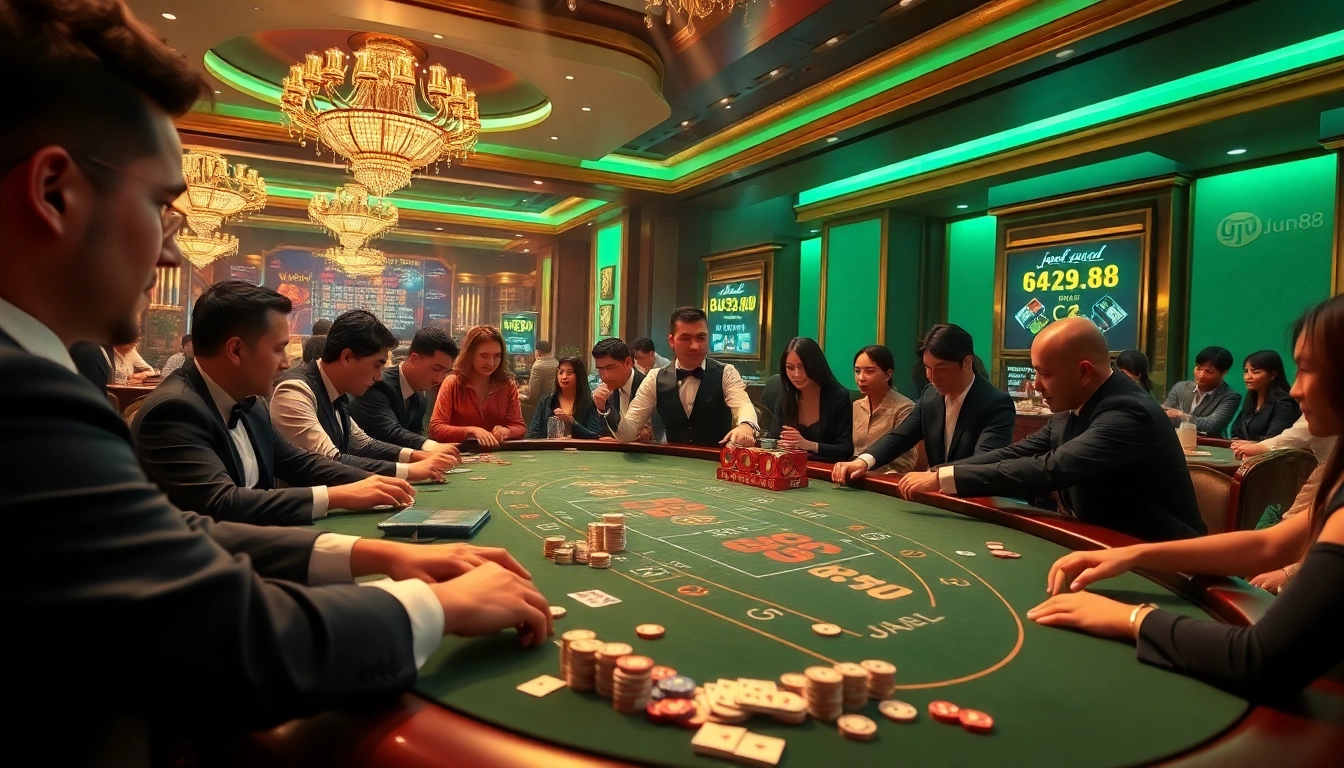 Experience the excitement of jun88 with a vibrant casino scene featuring engaged players and professional dealers.