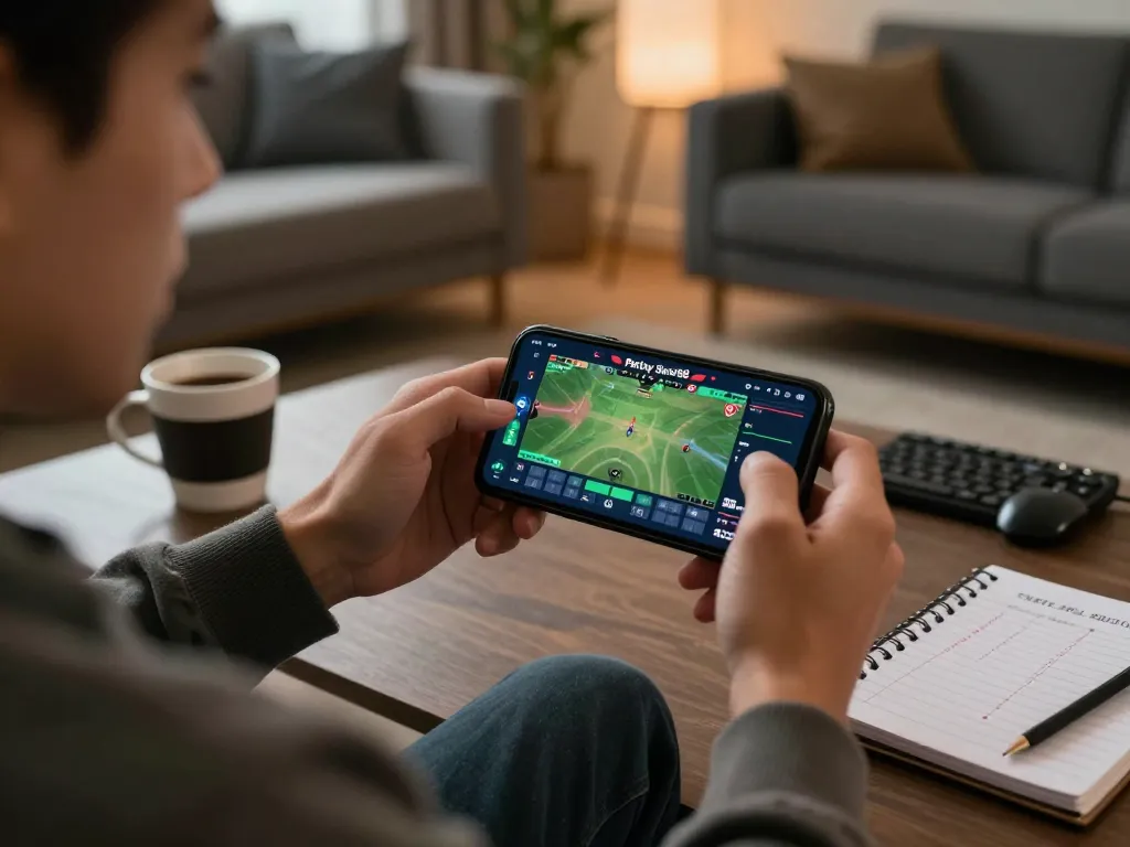 Person placing a Parlay Skor88 bet on a smartphone at home, showcasing a dynamic gaming interface.