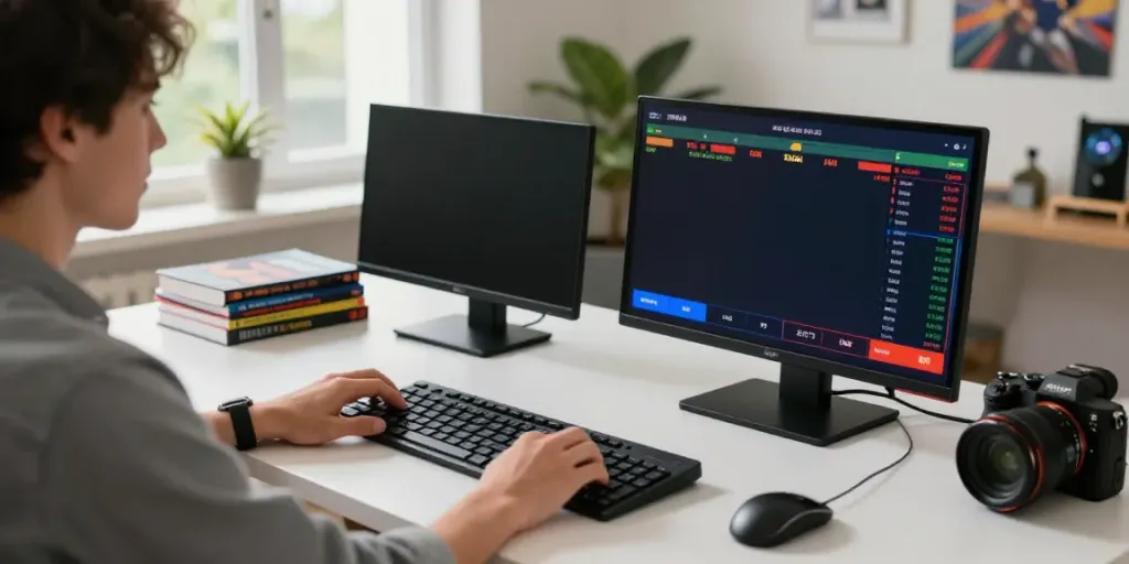 Engaged user at home workspace focused on online betting at xx88 website during live sports events.