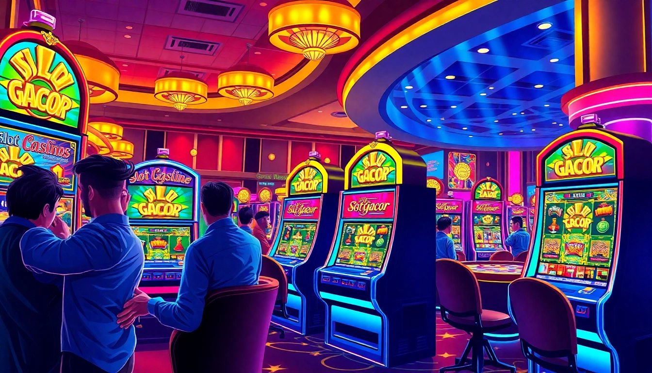 Players experiencing the thrill of Slot Gacor at colorful casino slot machines.