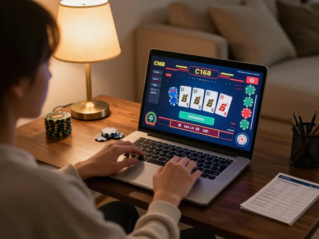 C168 online casino gameplay on a laptop in a cozy home setting, emphasizing responsible gaming.