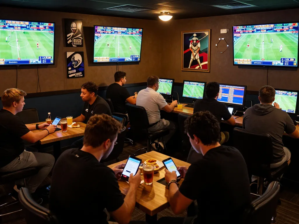 Soi Kèo sports betting scene with enthusiastic bettors analyzing odds while using mobile apps in a vibrant lounge atmosphere.