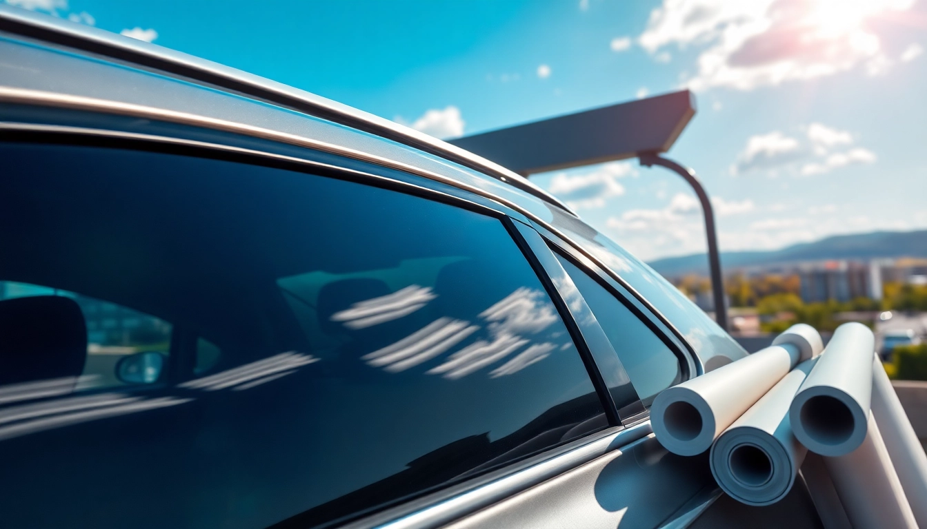Tinting vehicle windows with best window tint Chattanooga TN in a vibrant city setting, showcasing the process.