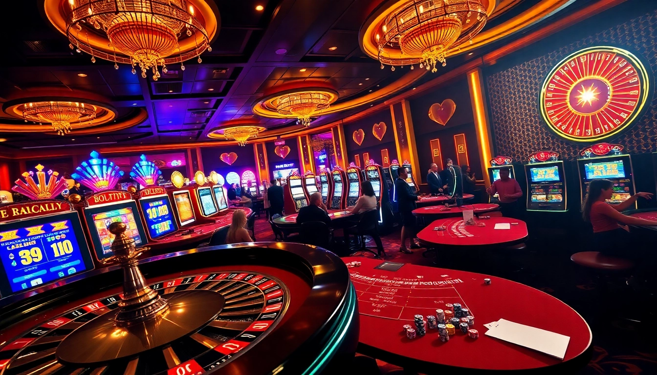 A lively casino scene at 789win featuring players at roulette and slots, immersing in the excitement of gambling.
