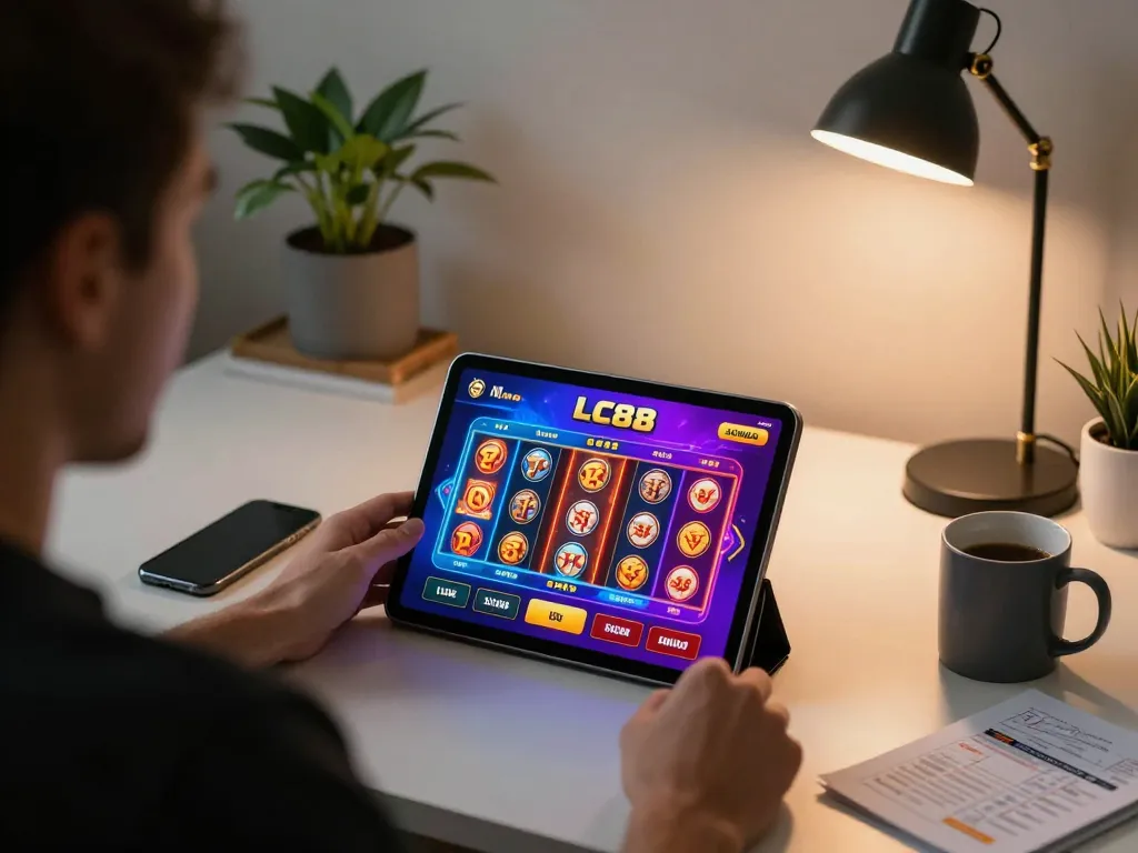 Engaging mobile gaming experience on LC88 app with tablet and strategy notes