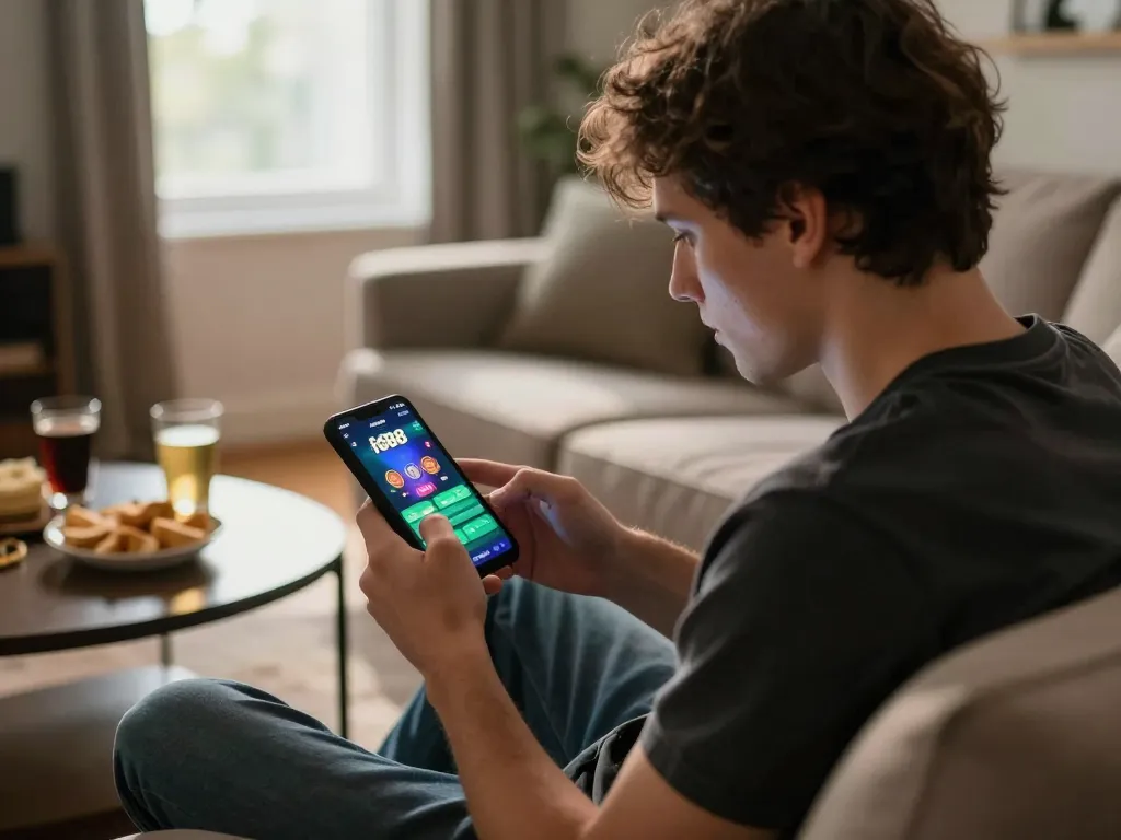 Engaged player using the fo88 app on a smartphone, enjoying mobile casino gaming experience