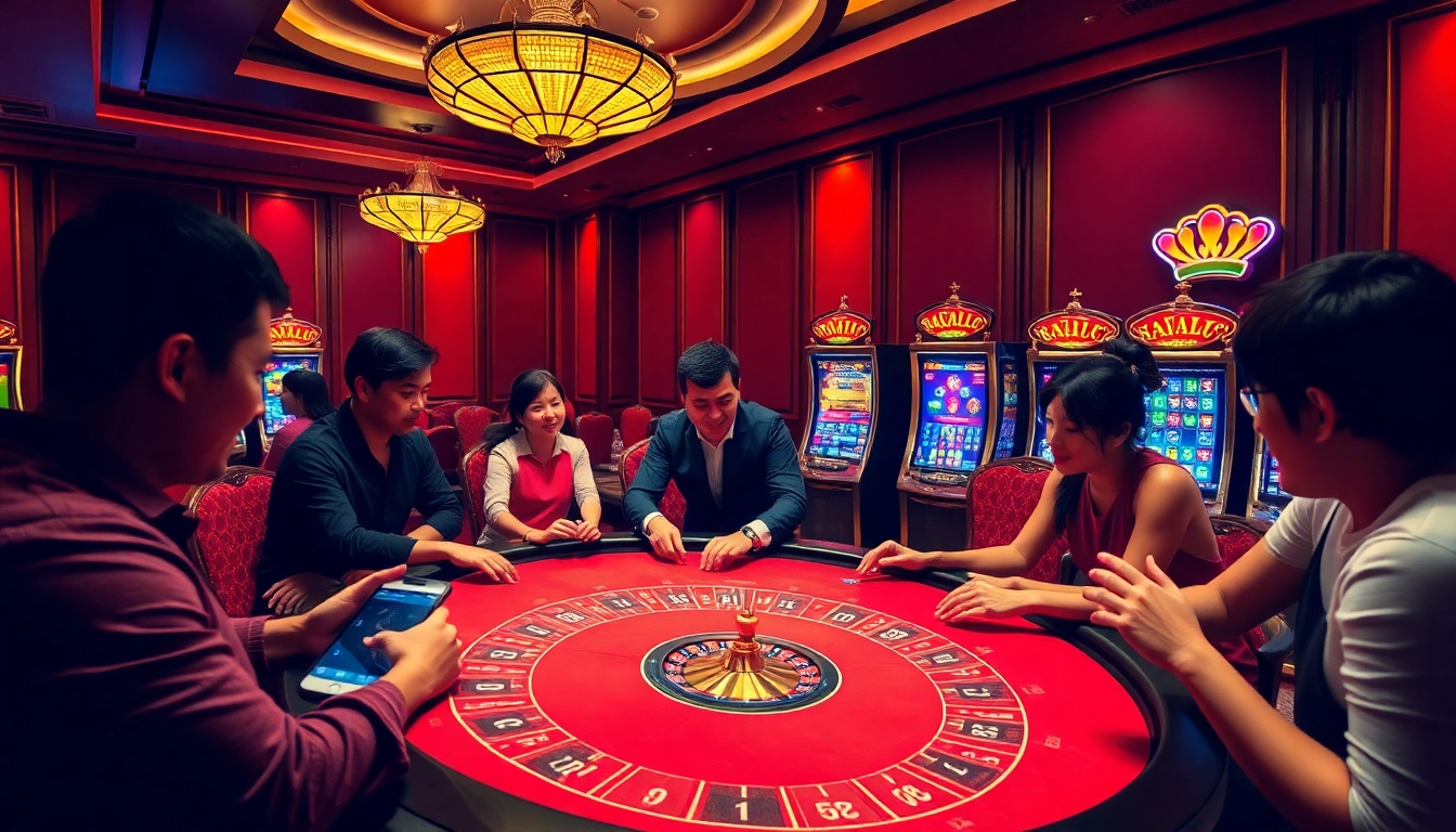 Experience Raja Luck excitement at a luxurious casino table filled with players and vibrant slot machines.