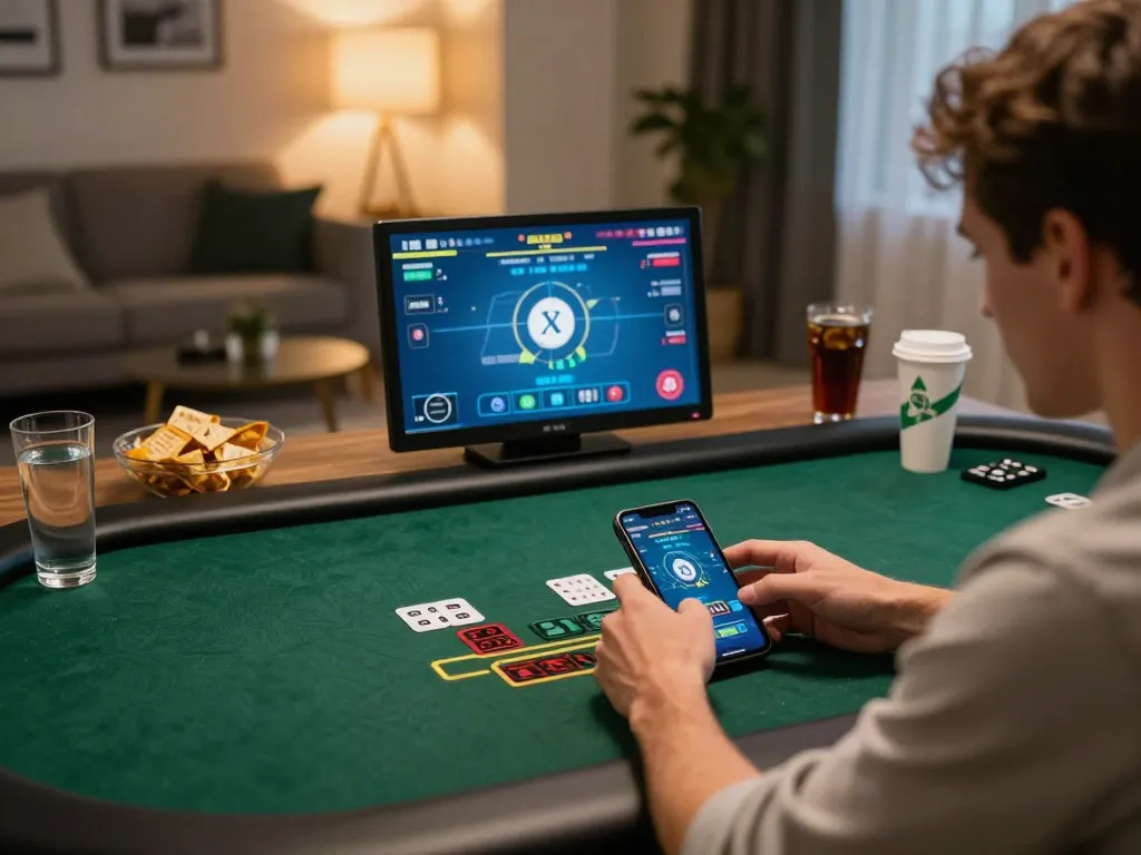 Engaged player using tg88 mobile blackjack app, showcasing strategic betting moments in home setting