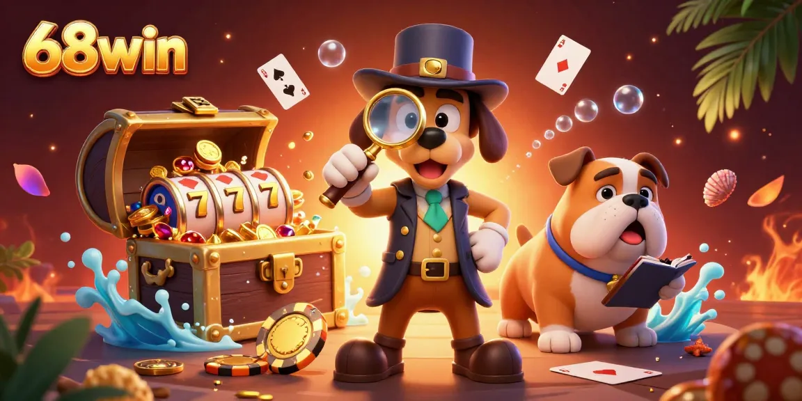 Engage with 68win in a vibrant scene featuring cartoon characters exploring poker chips and casino treasures.