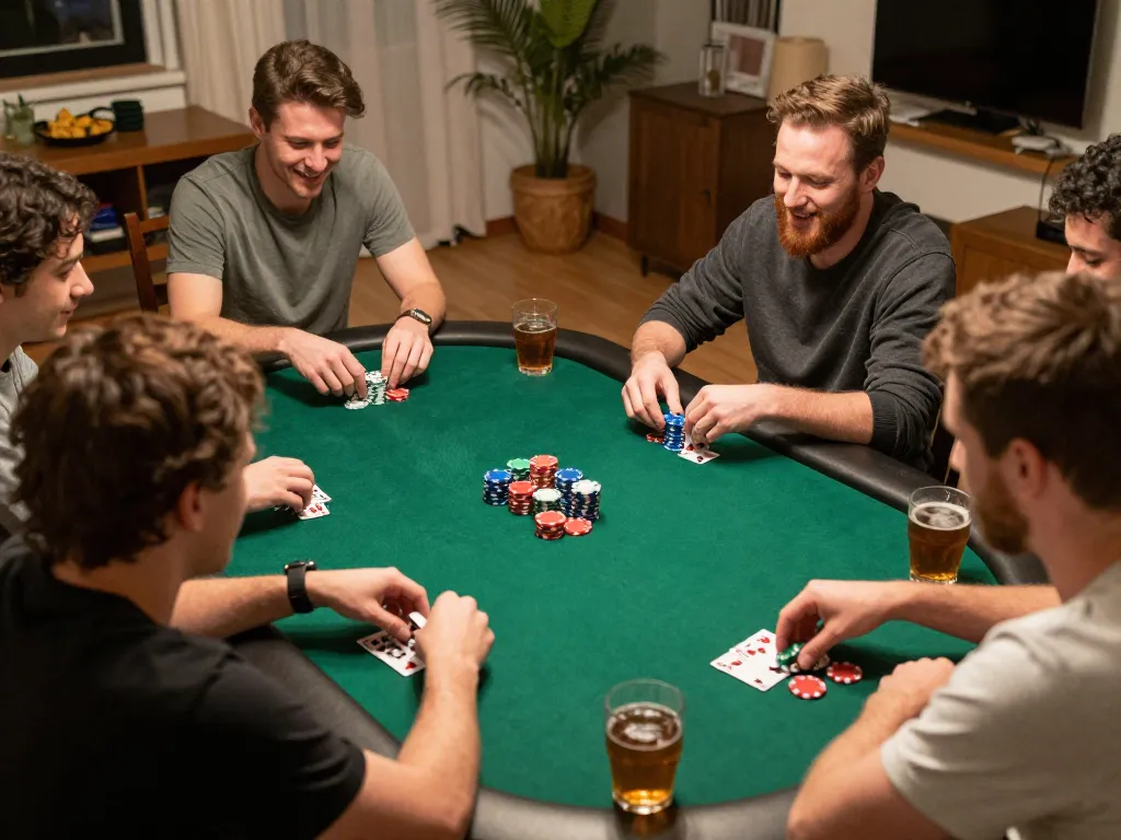 RIKVIP players sharing a thrilling poker game experience with vibrant chips and snacks in a friendly setting