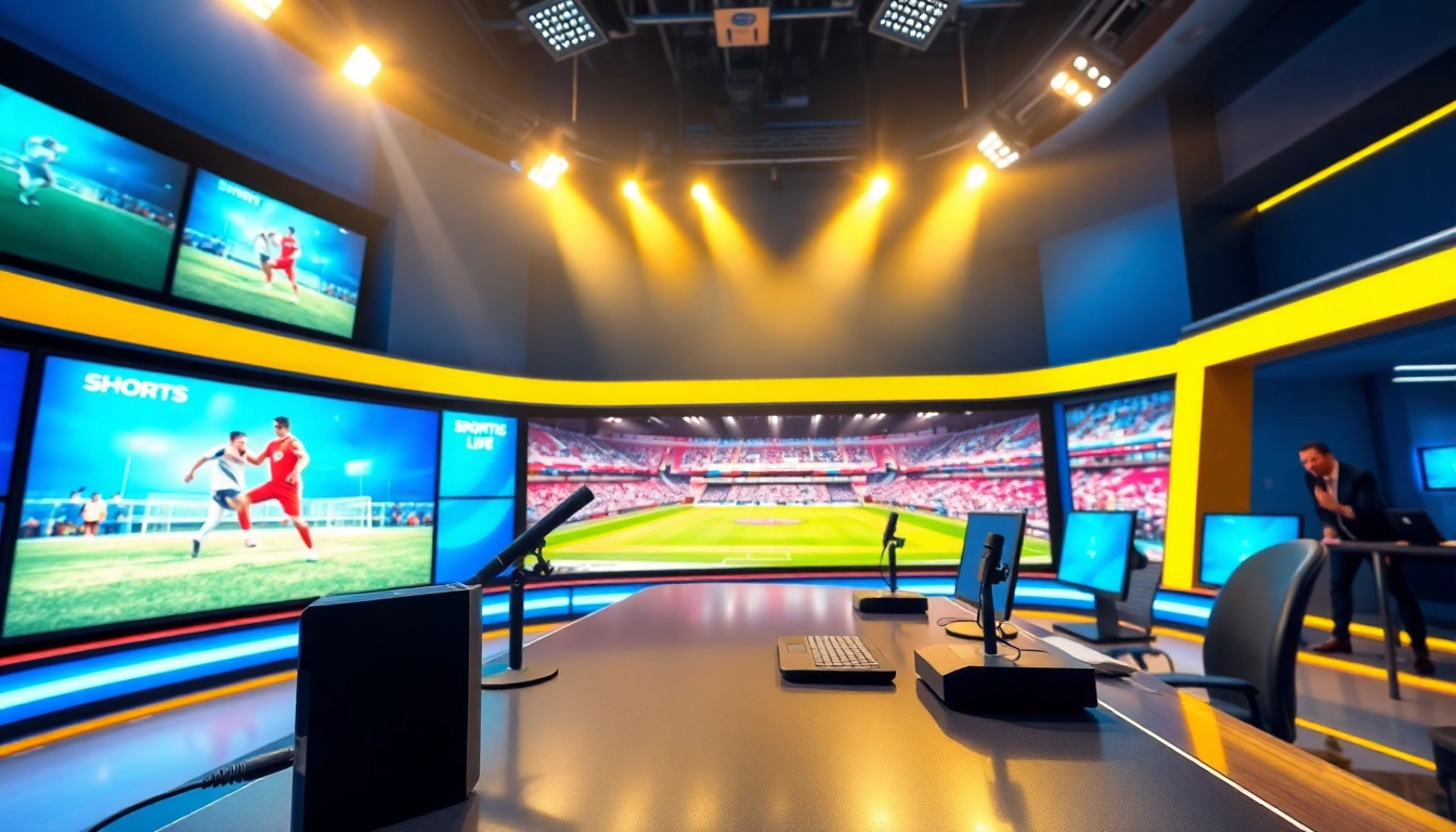Engaging sports broadcasting anchor presenting live coverage in a vibrant studio.