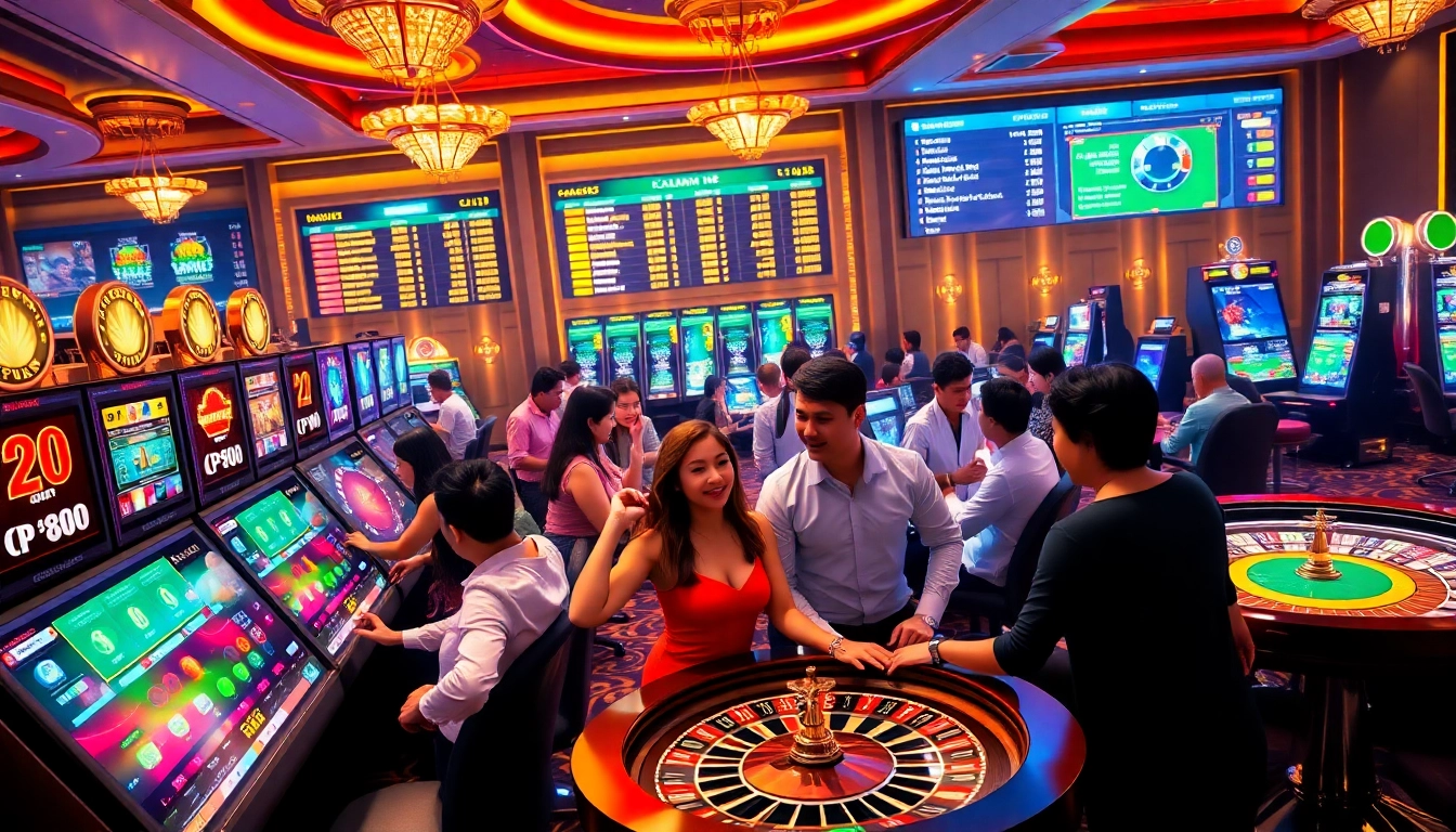 Engaged players experiencing thrilling casino games at RR88 with vibrant slots and poker tables.