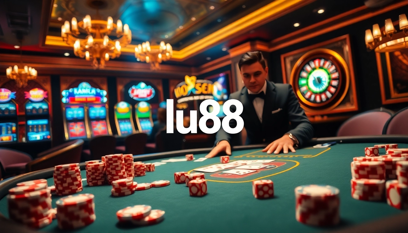 Engage with thrilling poker action at lu88, featuring vibrant casino tables and dynamic gaming atmosphere.