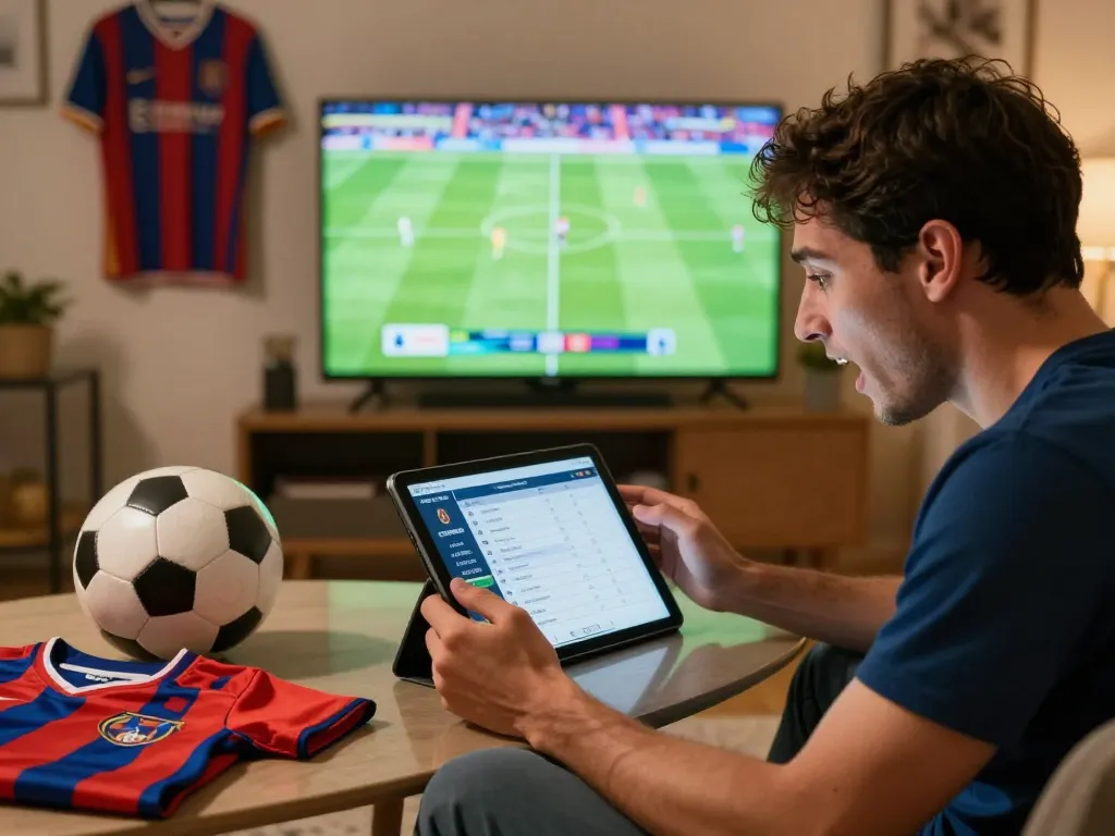 Kèo bóng đá ý enthusiast reviewing bets on a tablet surrounded by football memorabilia during a Serie A match.