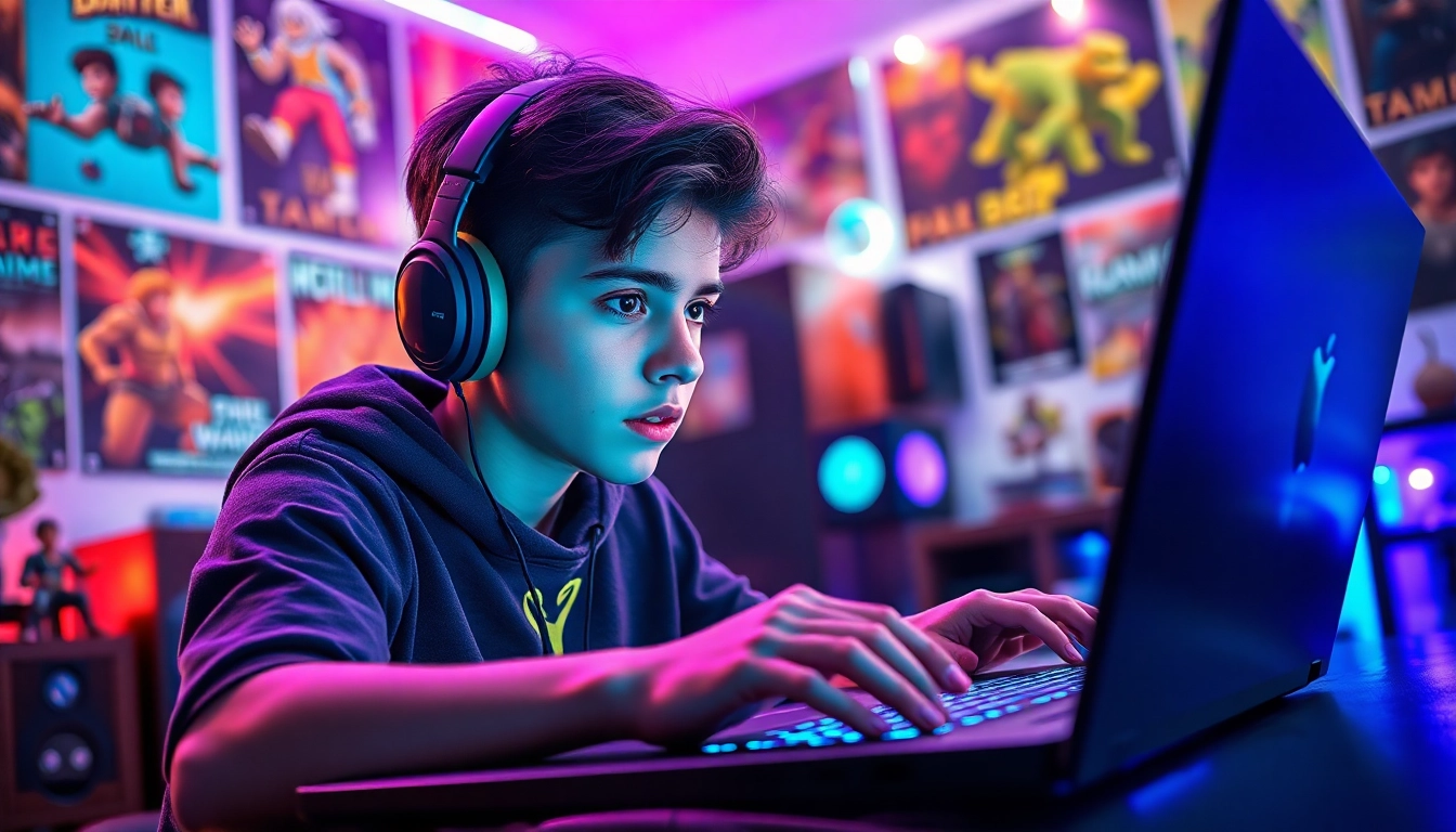 Engaging scene of a gamer focused on higame on a high-tech laptop in a vibrant environment.