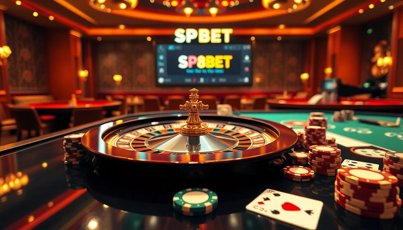 Exciting gameplay at SP8BET with vibrant roulette wheel and poker chips on a gleaming casino table.