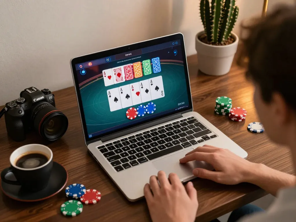 KONG88 online poker setup showcasing chips and cards on a laptop screen, engaging player's focus.