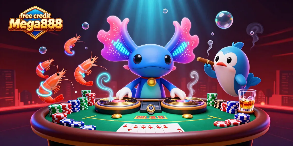Join the excitement with free credit mega888 at a lively online casino scene featuring colorful characters!