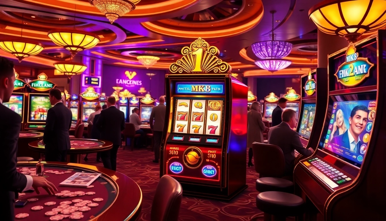 Engaged players at an mk8 slot machine in a luxury casino environment.