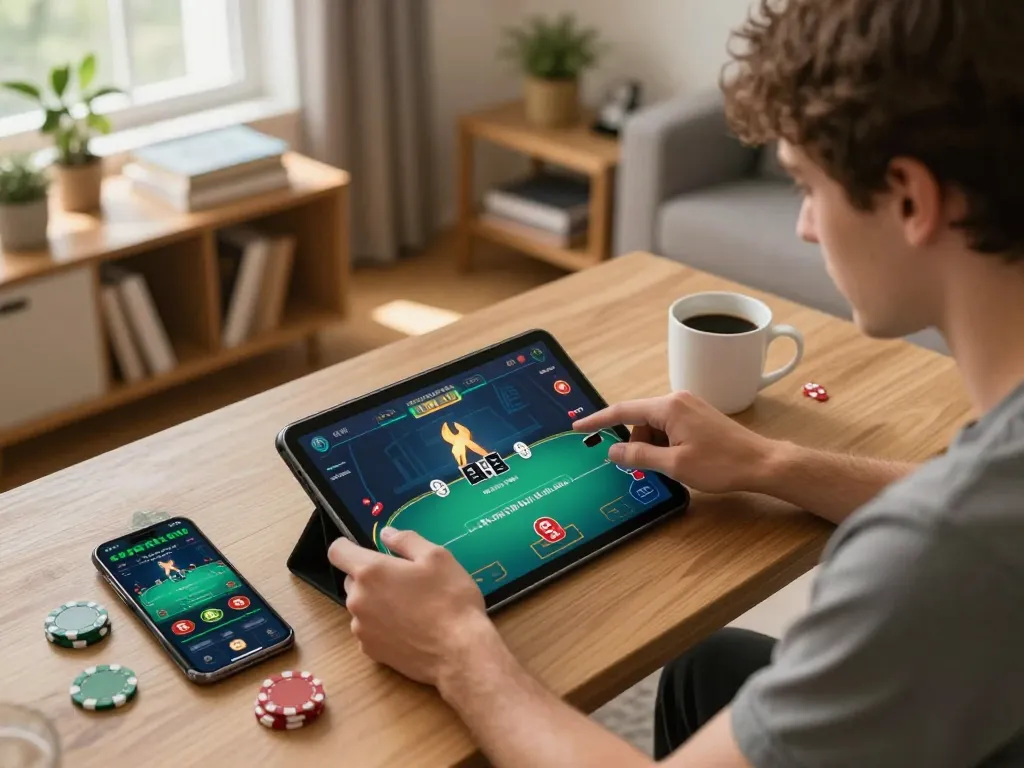 Player enjoying online poker on a tablet with TR88 seamlessly integrated into the gaming experience.