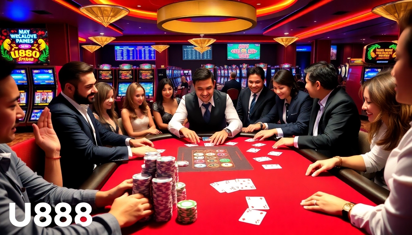 Players enjoying an exciting poker game at U888 casino with vibrant chips and cards.