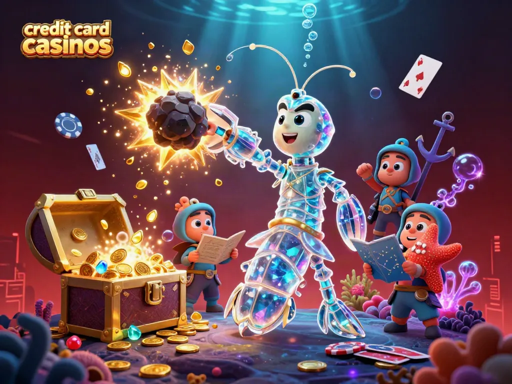 Experience the excitement of credit card casinos with a galactic shrimp and treasure in a vibrant 3D scene.