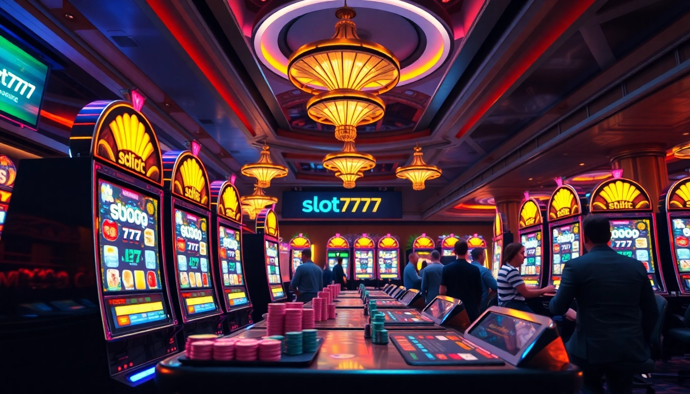Engaged players enjoying vibrant slot777 machines in a luxurious casino.