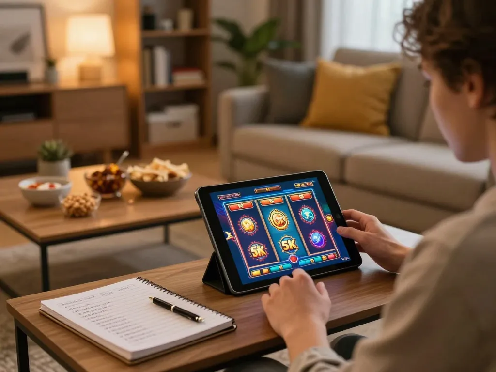Enjoying thrilling slot 5k gameplay on a tablet in a cozy home environment