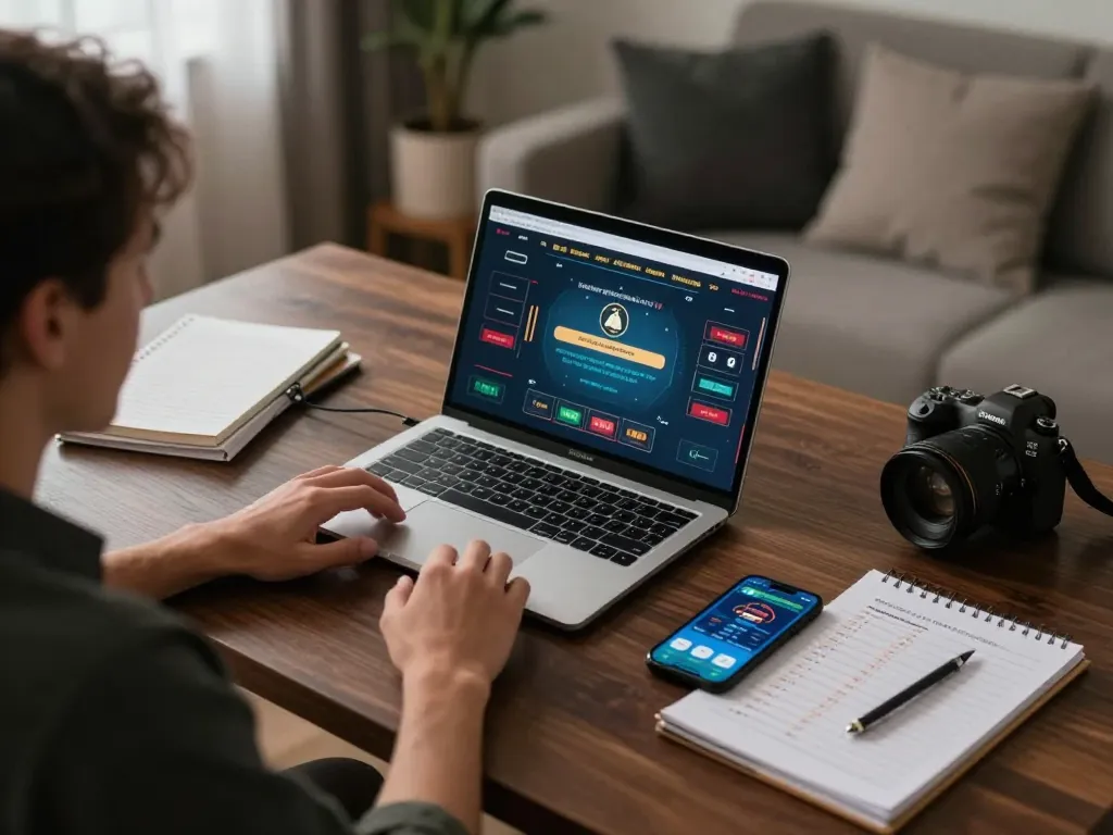 Engaging in online gaming strategies on a go99 interface with a laptop and notes.
