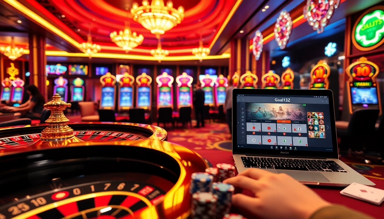 Players experiencing the excitement of Goal123's casino games, featuring roulette and slot machines.