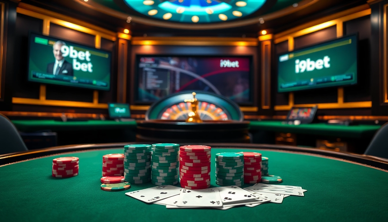 Engage in thrilling games at i9bet, showcasing luxurious poker chips and vibrant card displays.