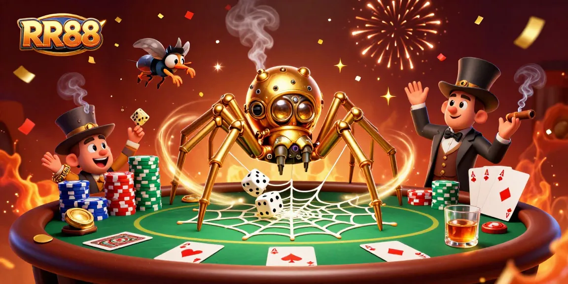 RR88 offers a thrilling casino experience with a golden spider and poker elements captured in playful chaos.