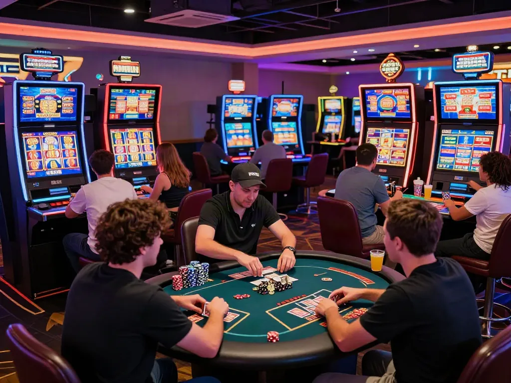 Akujp online gaming scene with players enjoying vibrant casino atmosphere and interactive gaming devices.