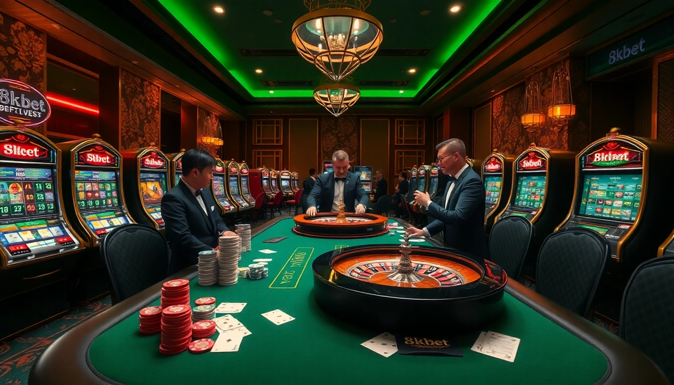 Experience the excitement of 8kbet at a luxurious casino table filled with professional players and thrilling slot machines.
