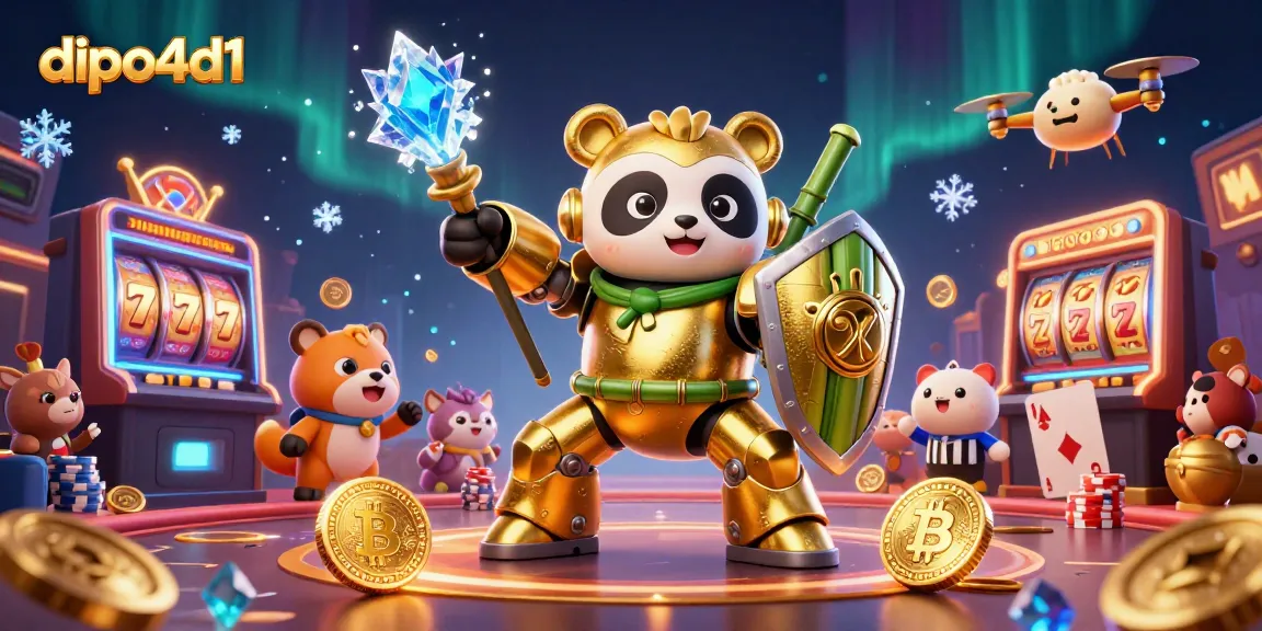 Menggambarkan suasana permainan dipo4d1 yang seru di arena kasino dengan karakter panda emas dan elemen slot mesin.