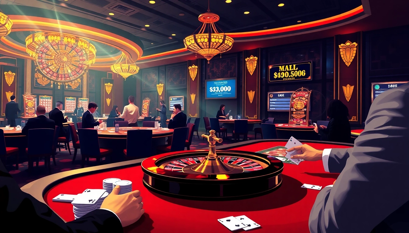 Players enjoying a lively casino experience with MMOO branding, showcasing luxury gambling vibes.