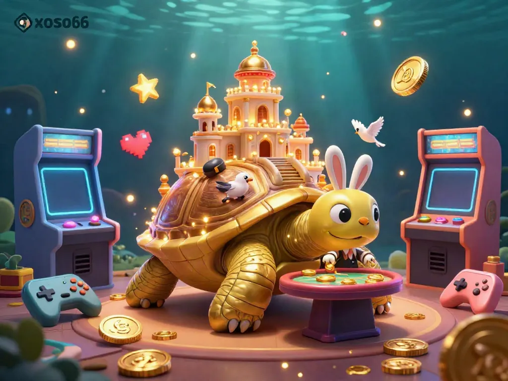 Experience the thrill of xoso66 gaming with vibrant casino elements, featuring a golden tortoise and rabbit dealer.