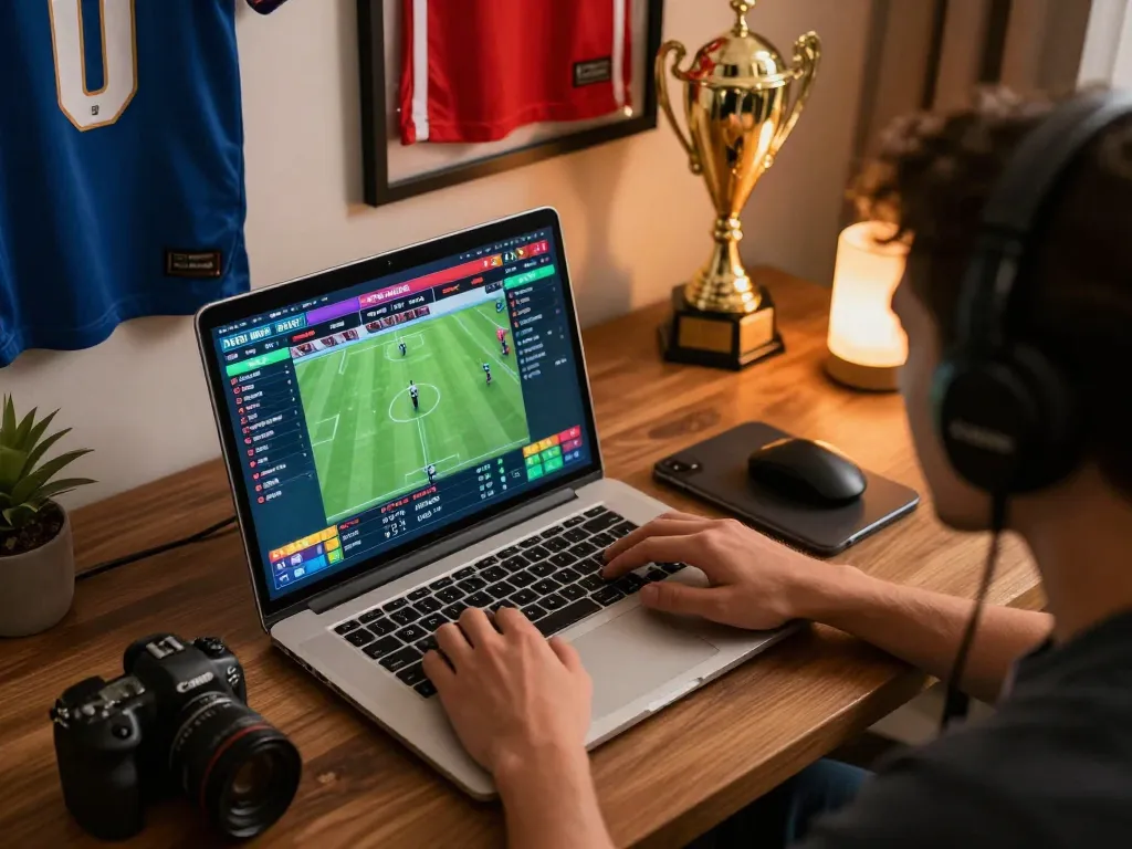 Engaging sports betting action on laptop screen at home with bsport online platform.