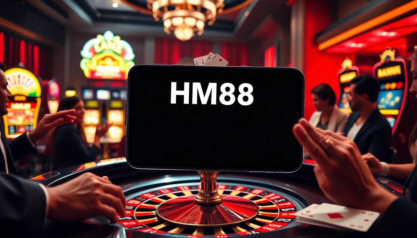 Experience the luxury and excitement of HM88 with a vibrant casino scene featuring roulette and slot machines.